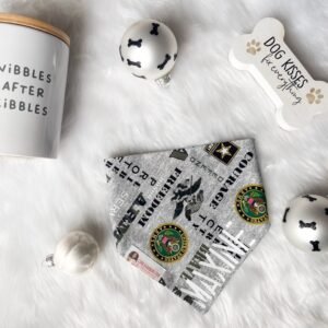 Army Pup Pride Bandana featuring military-inspired badges, symbols, and patriotic phrases like 'Courage' and 'Freedom.